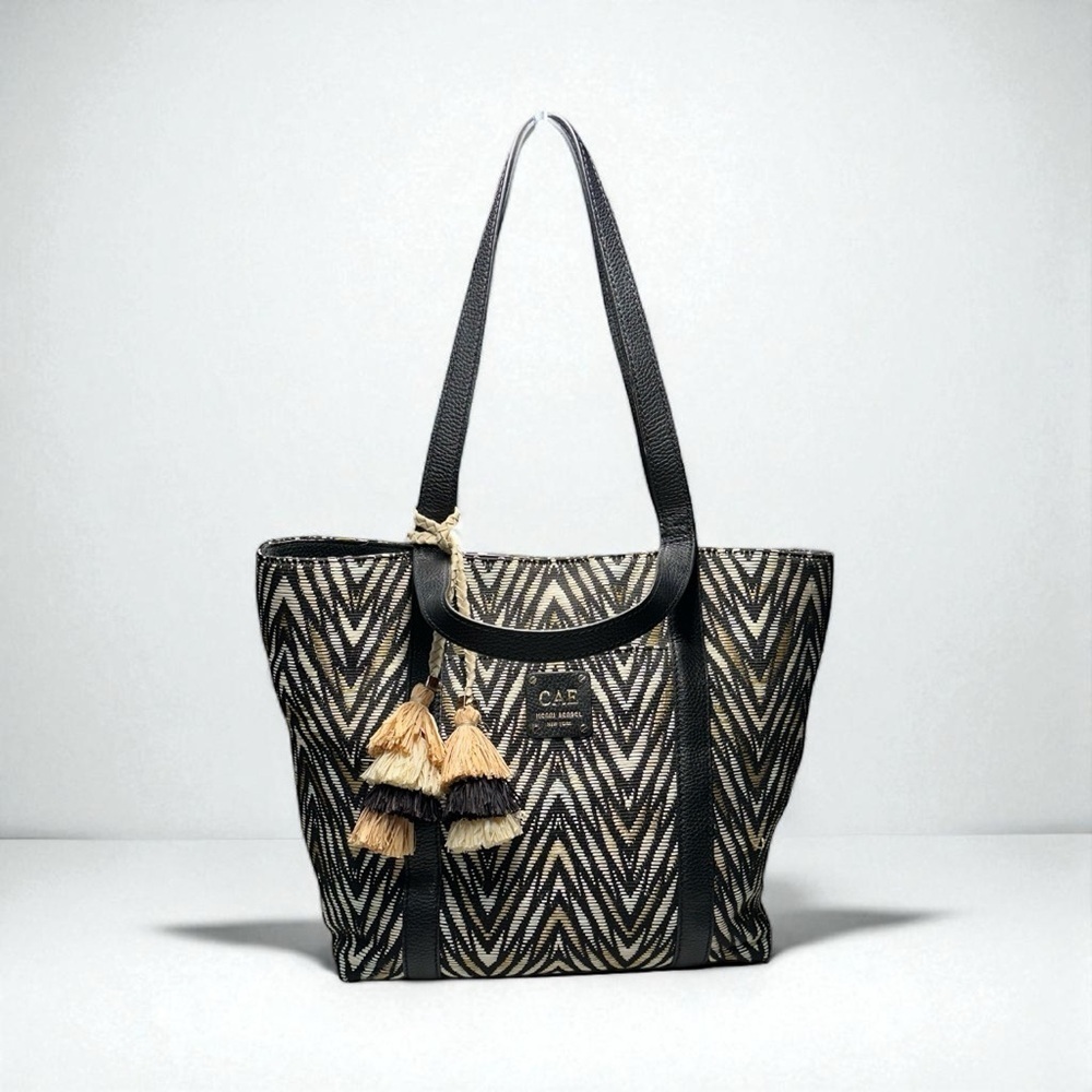 Henri Bendel Black and Tan Chevron Shoulder Tote Bag